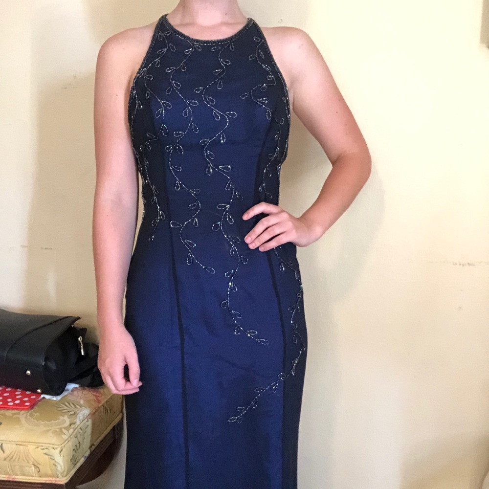 Navy blue evening gown with beads